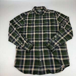 Carhartt New Holland Brewing Mens Size M Pearl Snap Flannel Shirt Plaid Green